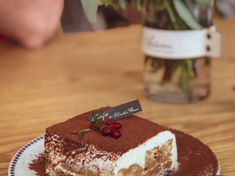 Portie tiramisu bestrooid met cacaopoeder, laagjes mascarponecrème en in koffie gedrenkte lange vingers zichtbaar